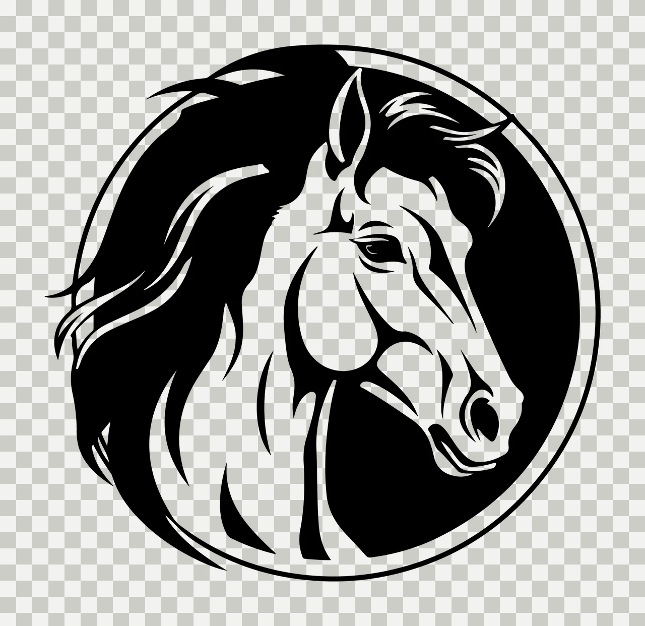Horse Head In Circular Black Frame circle silhouette white transparency and detail preview thumbnail