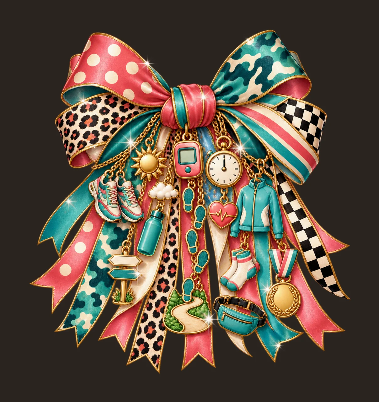 Walking Fitness Lover Bow Charm PNG, Themed Gold Chain Charms, Coquette Ribbon Sublimation Design, Transparent Digital Download contrast preview thumbnail