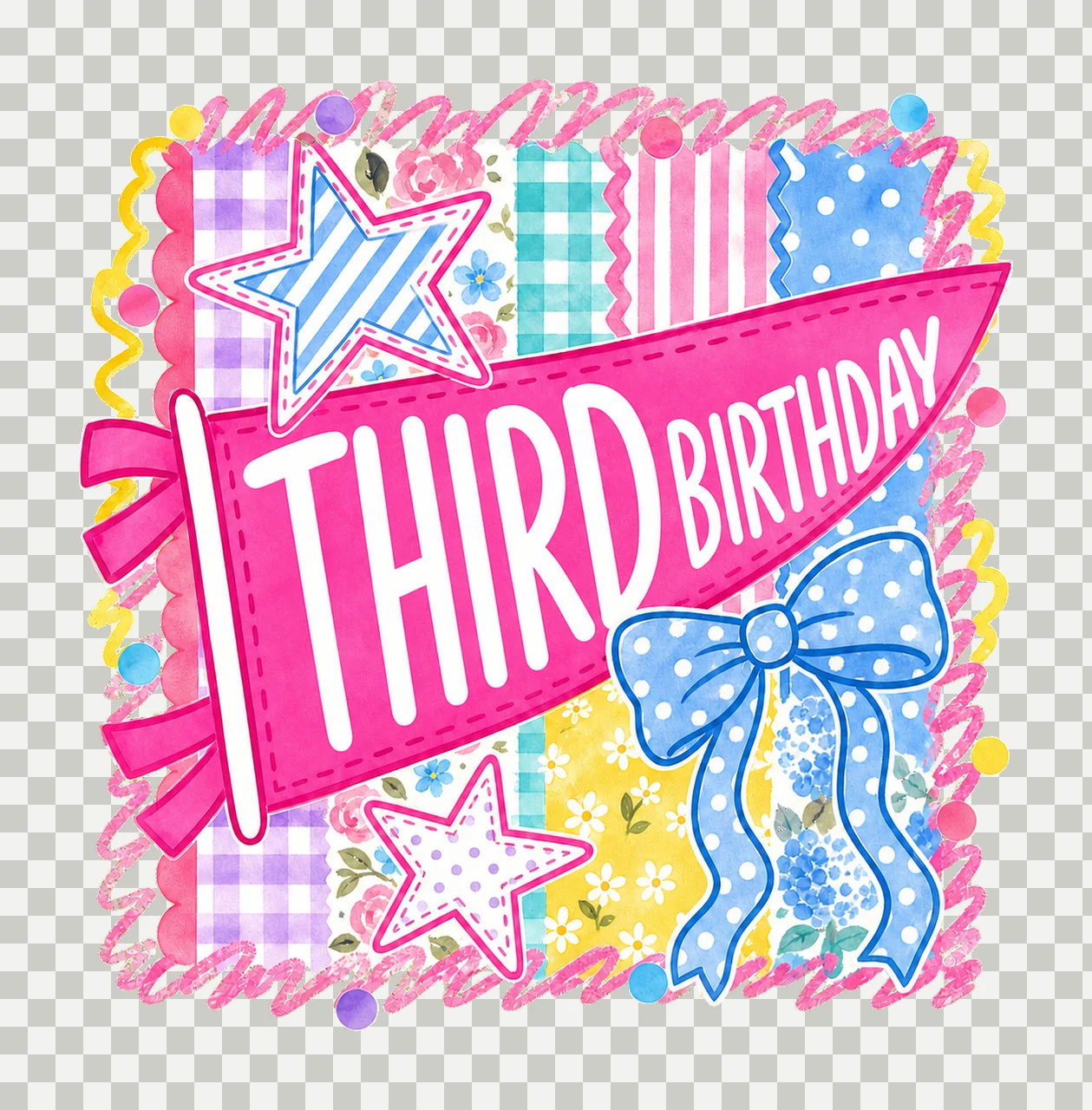Retro Striped Floral Birthday Pennant Variation A transparency and detail preview thumbnail