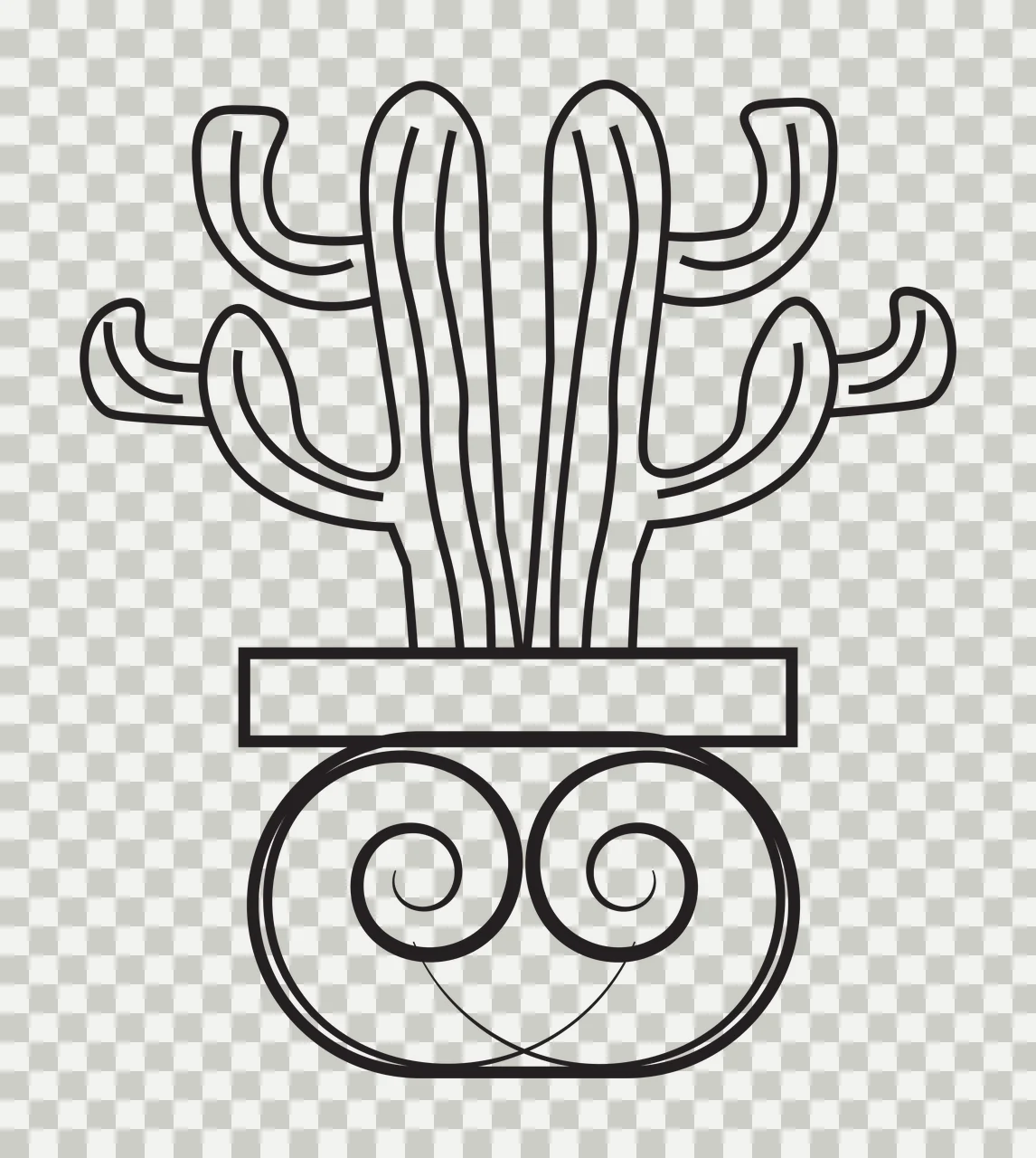 Line Art Illustration of Stylized cactus in decorative pot with cactus with multiple arms, rectangular pot base and ornate base with two spirals and a curved line in black and white transparency and detail preview thumbnail