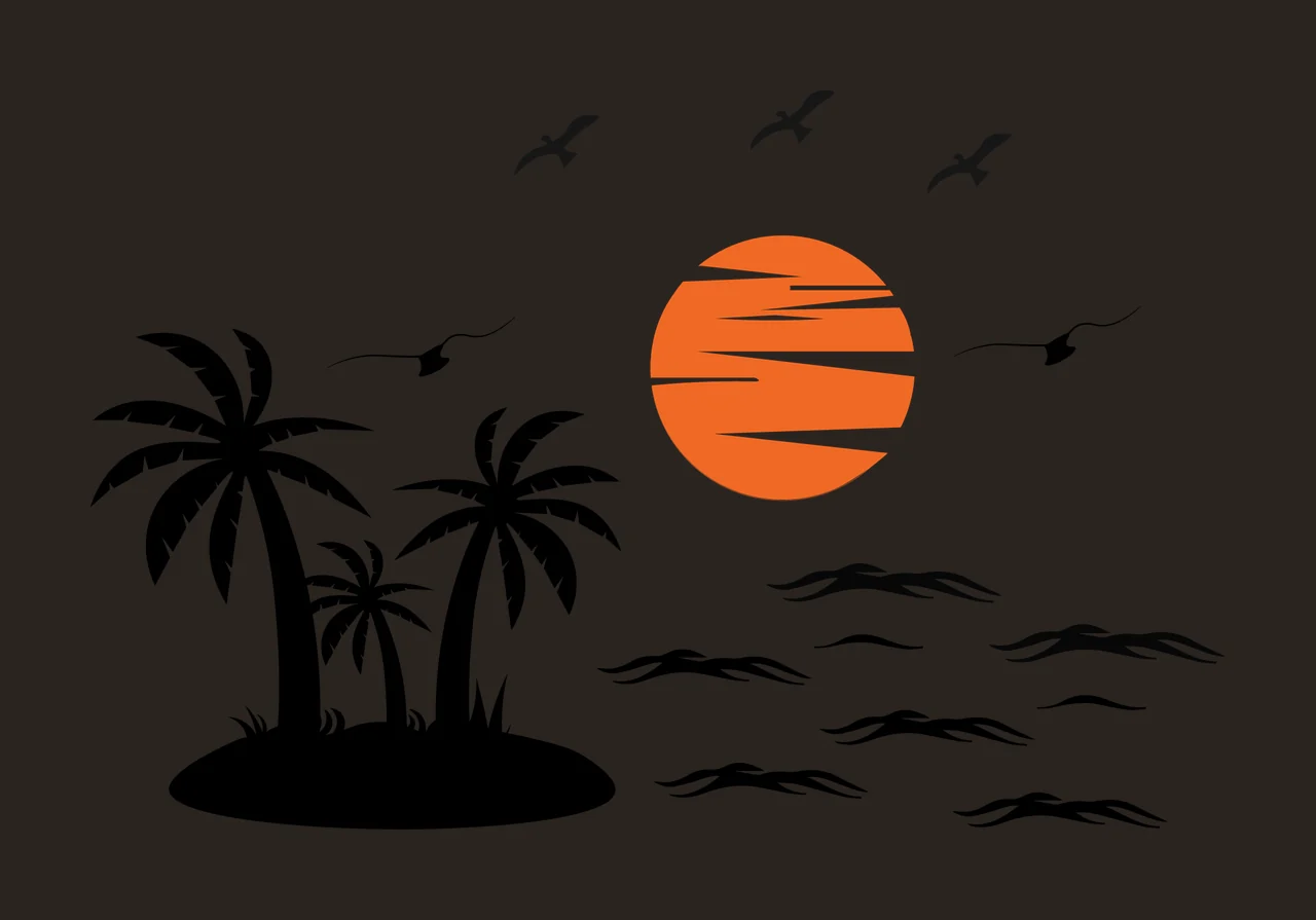 Palm Tree Island Sunset Silhouette With Birds Landscape Scene contrast preview thumbnail