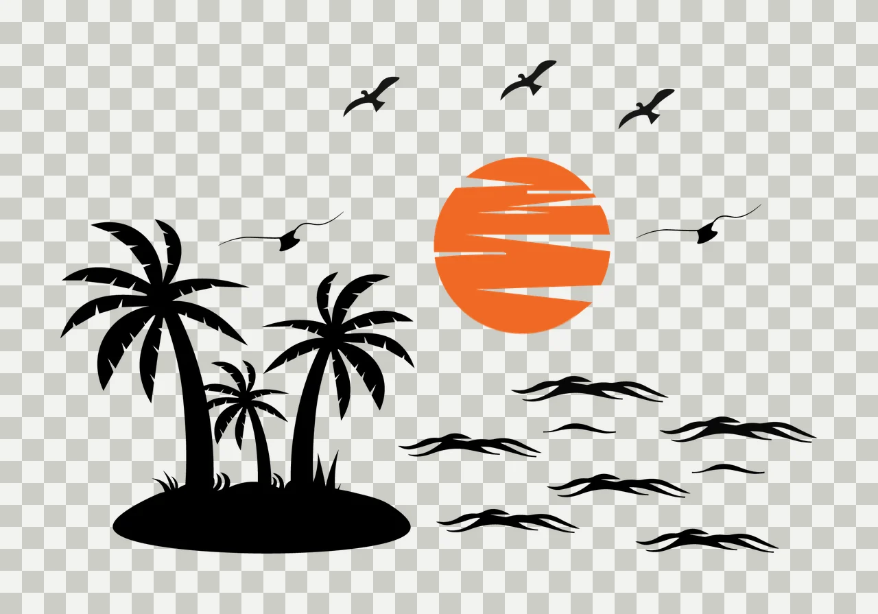 Palm Tree Island Sunset Silhouette With Birds Landscape Scene transparency and detail preview thumbnail