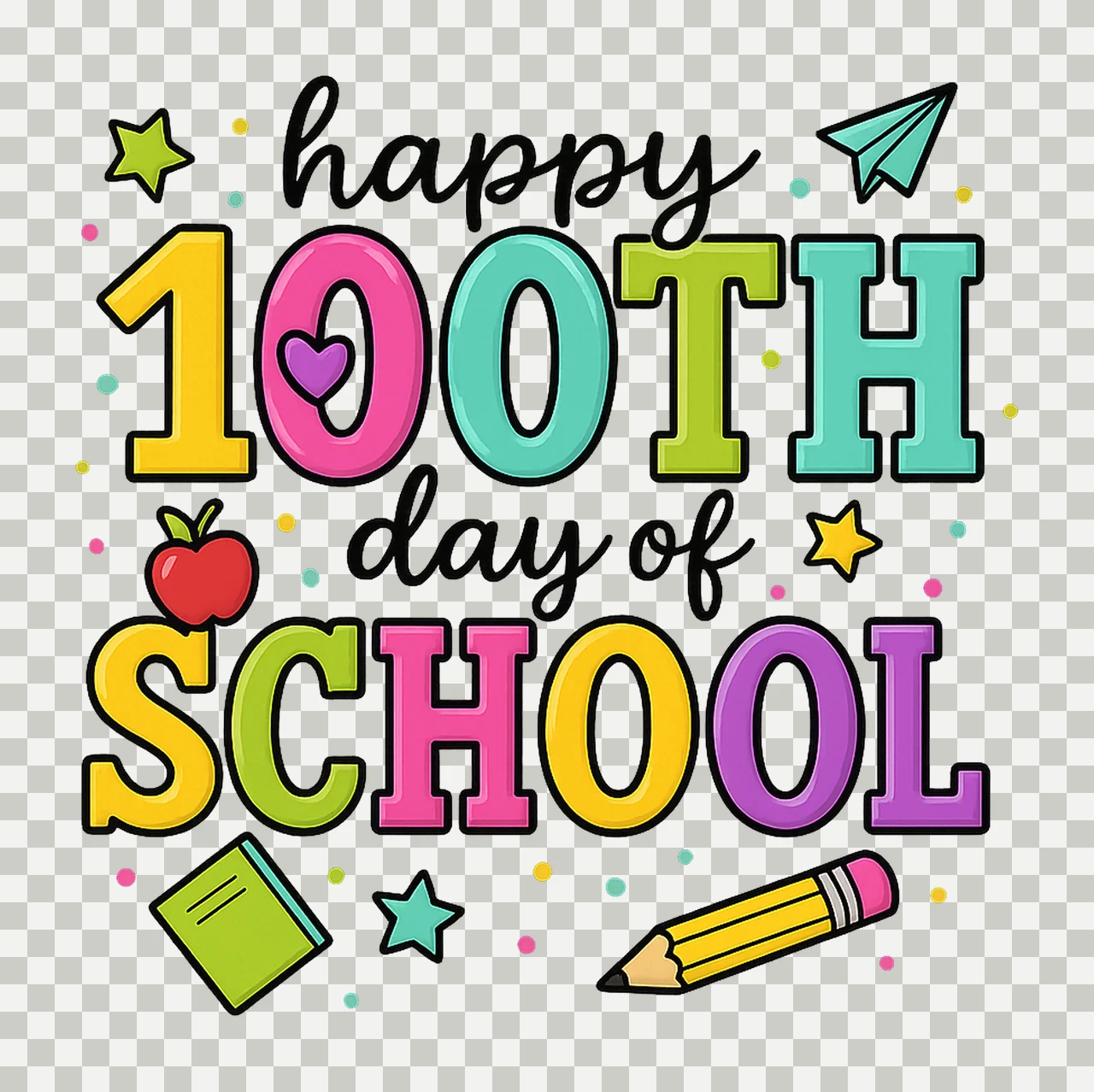 Happy 100th Day of School Colorful Pencil Coquette Design transparency and detail preview thumbnail