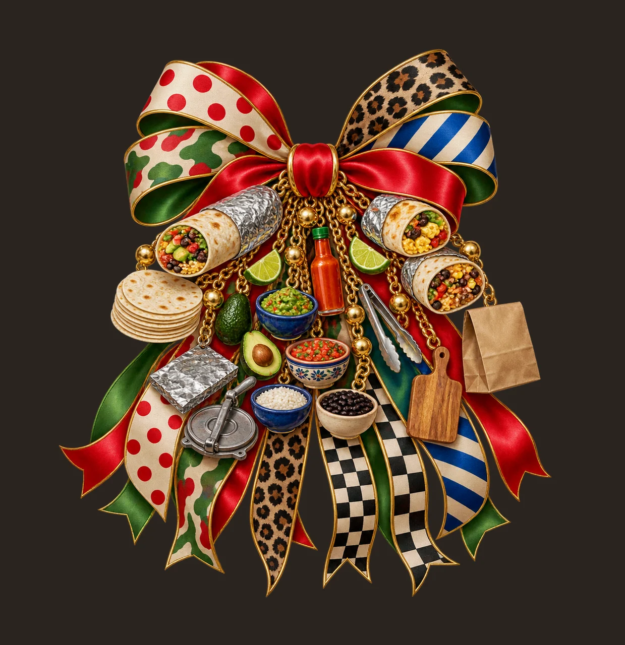 Burrito Lover Bow Charm PNG, Themed Gold Chain Charms, Coquette Ribbon Sublimation Design, Transparent Digital Download contrast preview thumbnail