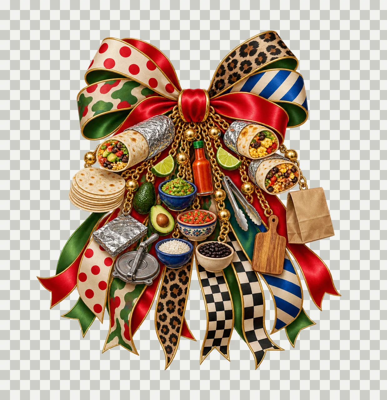 Burrito Lover Bow Charm PNG, Themed Gold Chain Charms, Coquette Ribbon Sublimation Design, Transparent Digital Download transparency and detail preview thumbnail