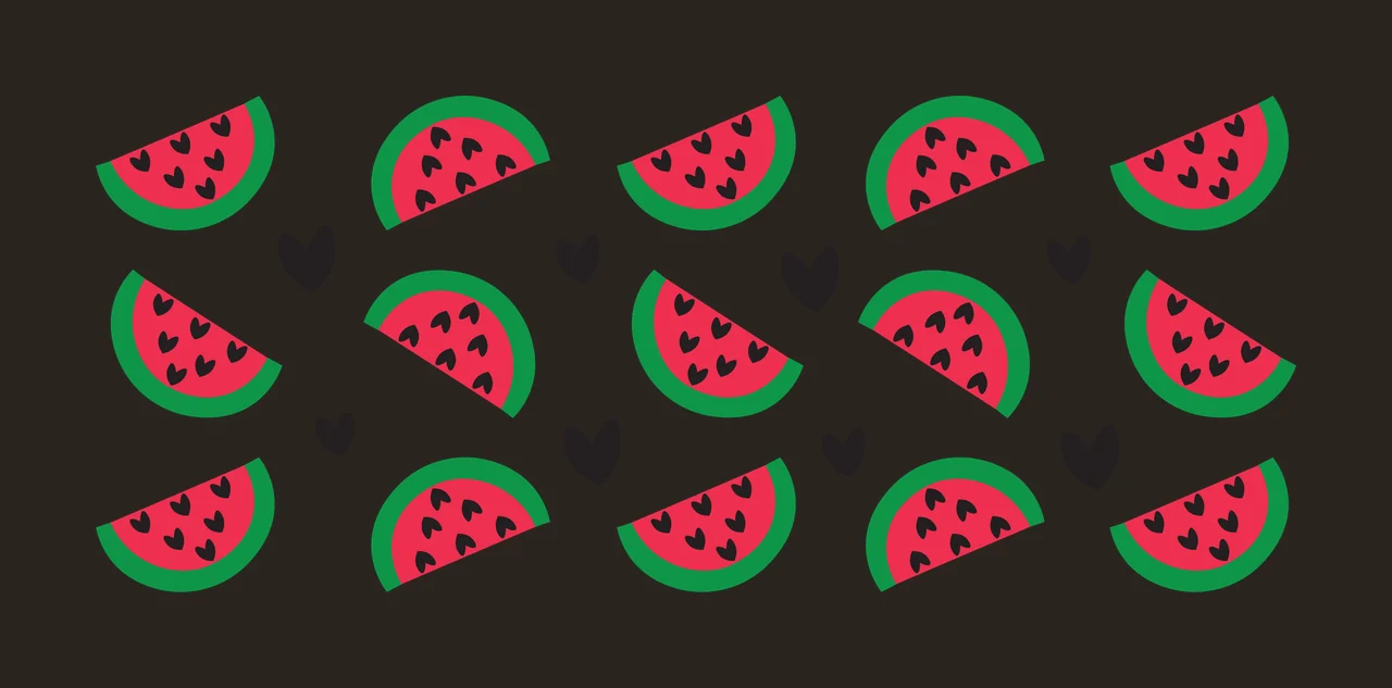 Watermelon slices Illustration with watermelon slice, heart-shaped seeds, black heart icons and green rind in red contrast preview thumbnail