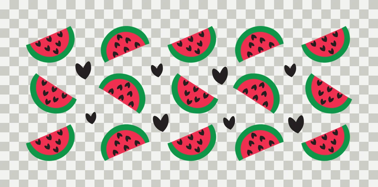 Watermelon slices Illustration with watermelon slice, heart-shaped seeds, black heart icons and green rind in red transparency and detail preview thumbnail