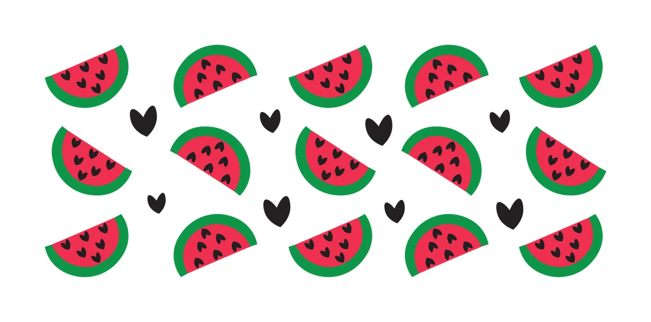 Watermelon slices Illustration with watermelon slice, heart-shaped seeds, black heart icons and green rind in red