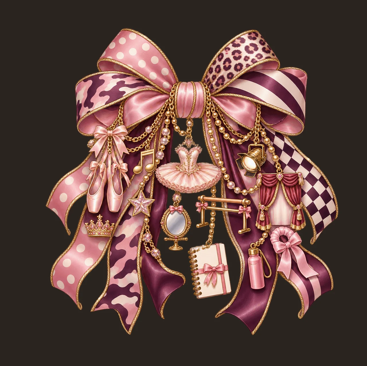 Ballet Dancer Bow Charm PNG, Themed Gold Chain Charms, Coquette Ribbon Sublimation Design, Transparent Digital Download contrast preview thumbnail