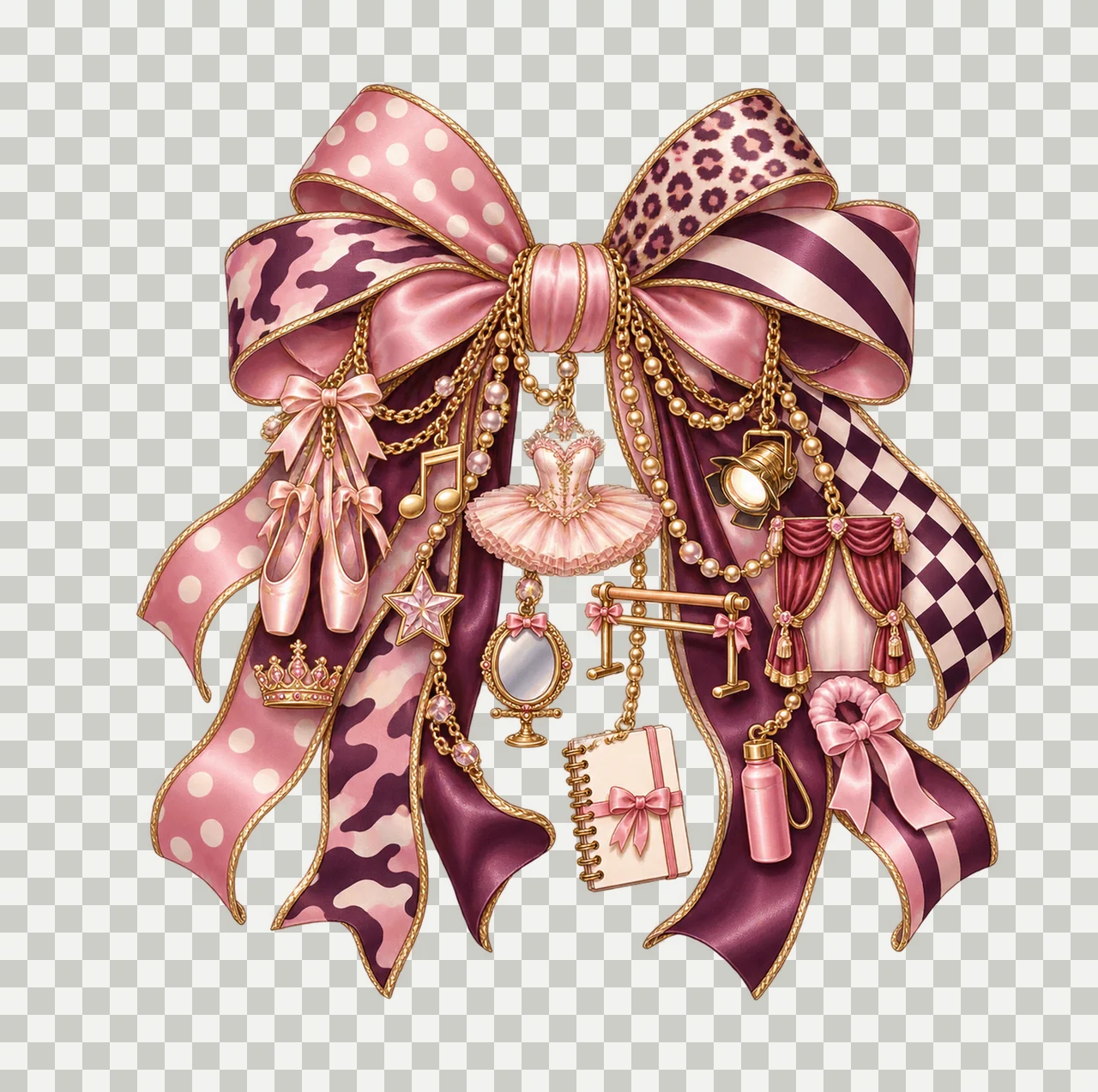 Ballet Dancer Bow Charm PNG, Themed Gold Chain Charms, Coquette Ribbon Sublimation Design, Transparent Digital Download transparency and detail preview thumbnail