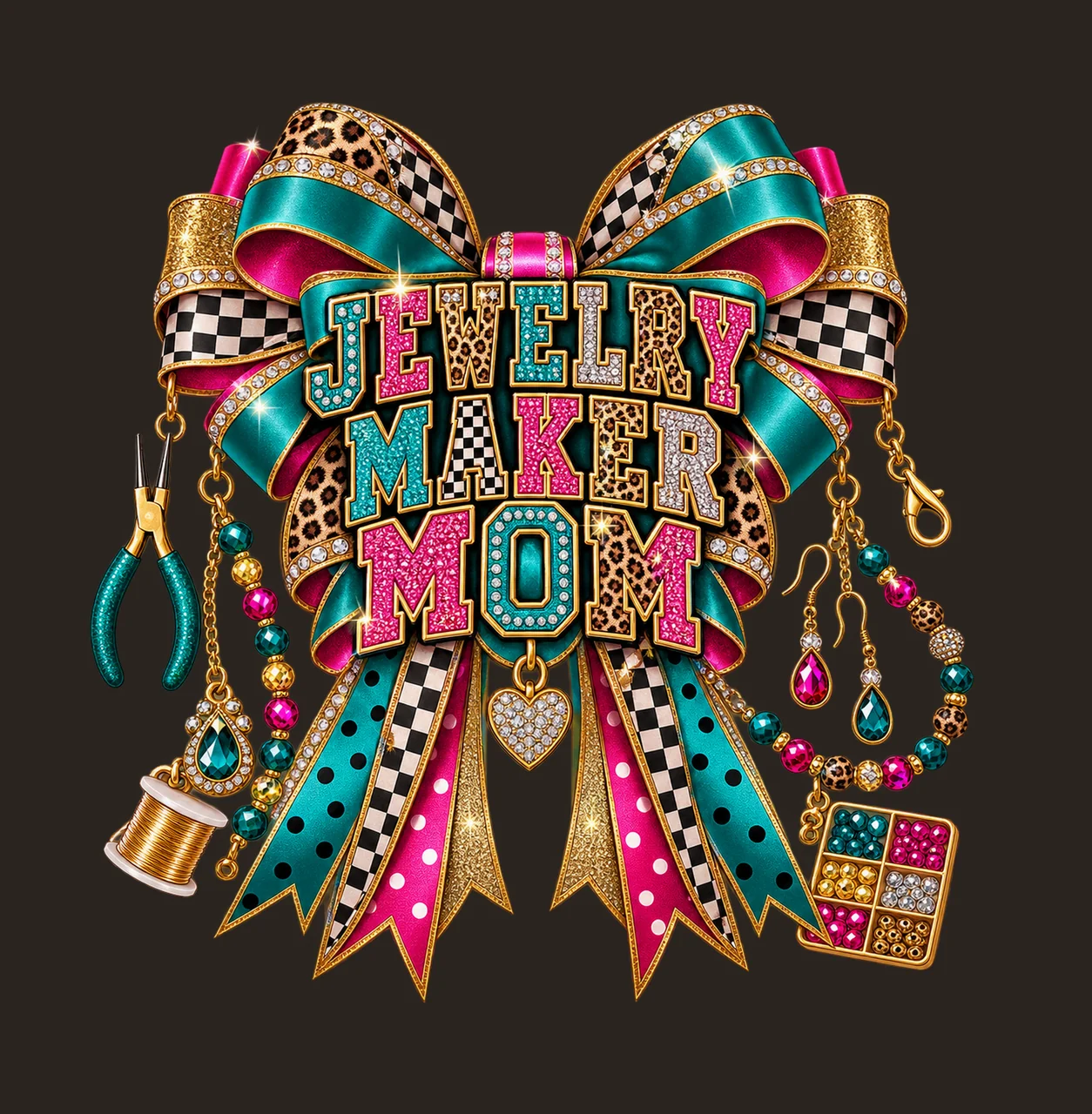 Jewelry Maker Mom Bow Charm PNG, Patterned Varsity Mom Ribbon Clipart, Transparent Sublimation Digital Download contrast preview thumbnail