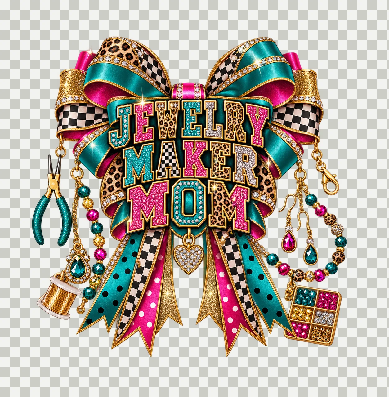 Jewelry Maker Mom Bow Charm PNG, Patterned Varsity Mom Ribbon Clipart, Transparent Sublimation Digital Download transparency and detail preview thumbnail
