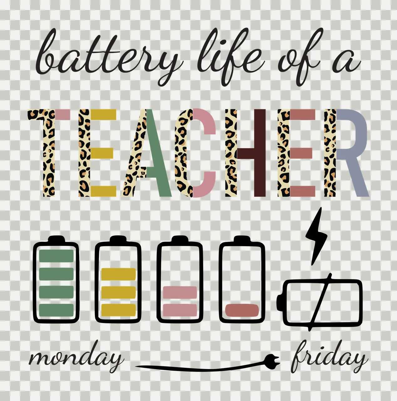 Battery life of a TEACHER monday friday Typography Design with battery icons, leopard pattern lettering, cursive text and arrow symbol in black, mustard yellow and sage green transparency and detail preview thumbnail