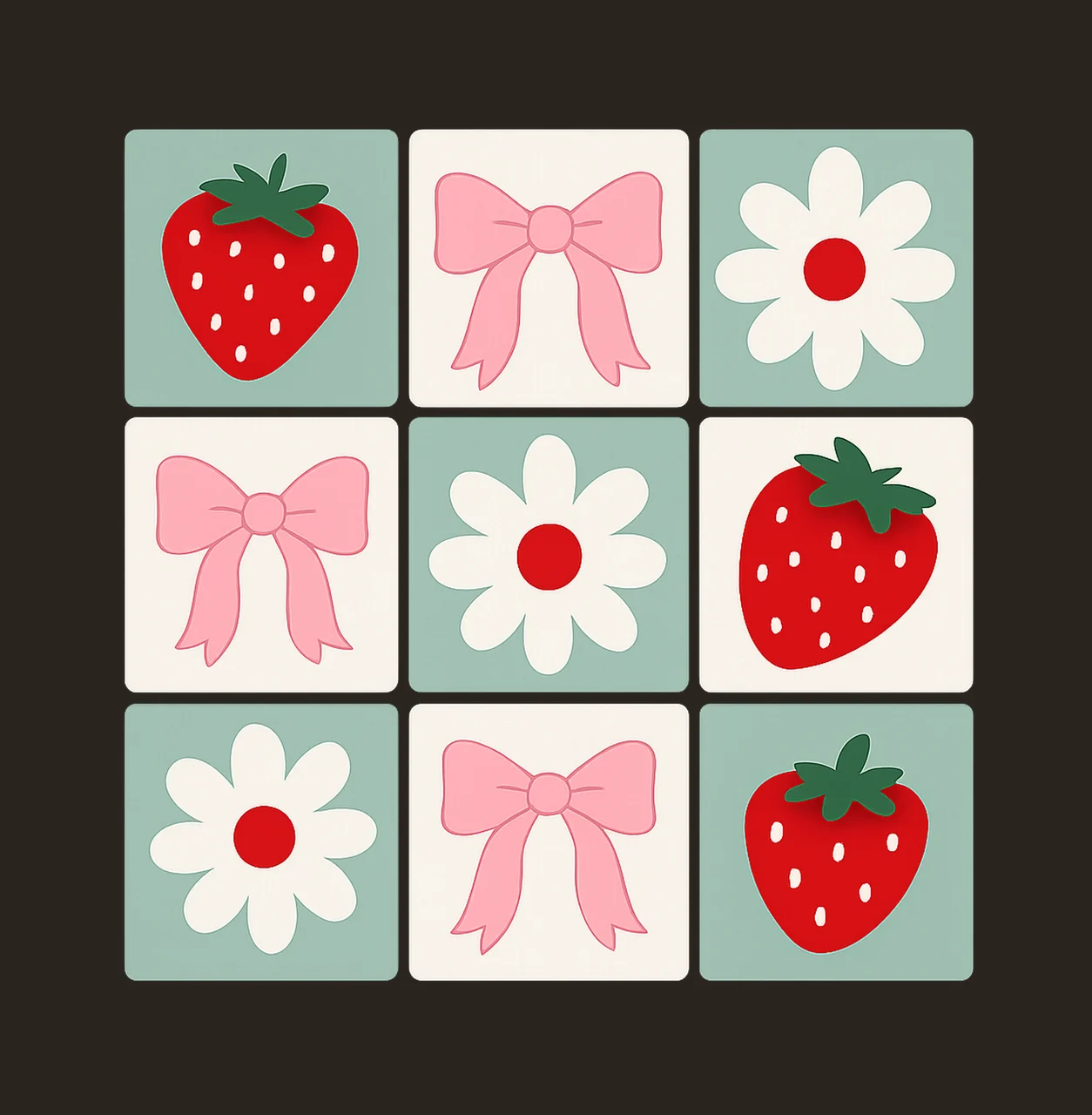 Strawberries Grid Pattern With Pink Bows And Red white contrast preview thumbnail