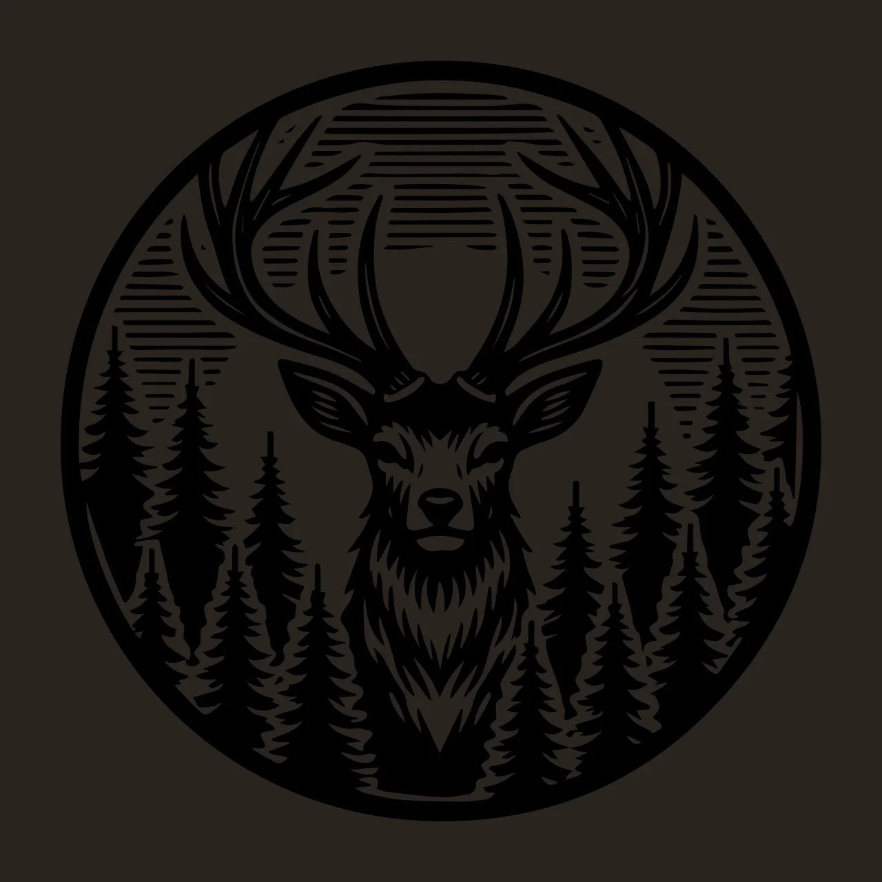 Deer Head In A Forest Circle standing antlers trees woodcut contrast preview thumbnail