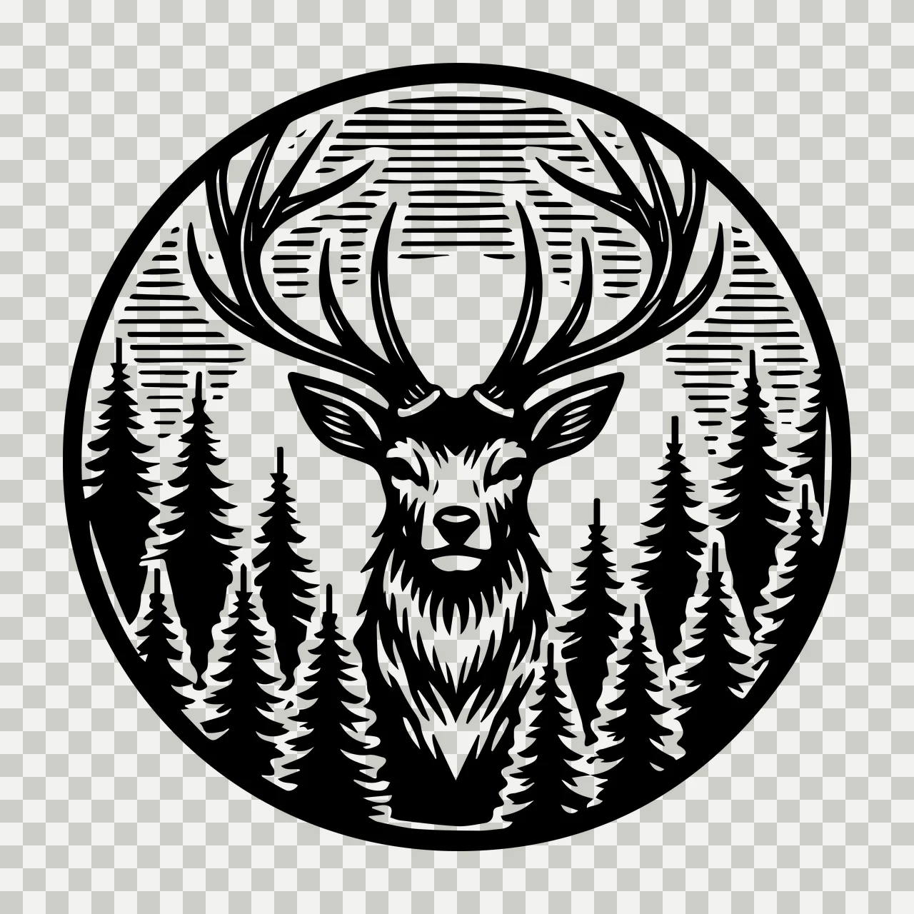 Deer Head In A Forest Circle standing antlers trees woodcut transparency and detail preview thumbnail