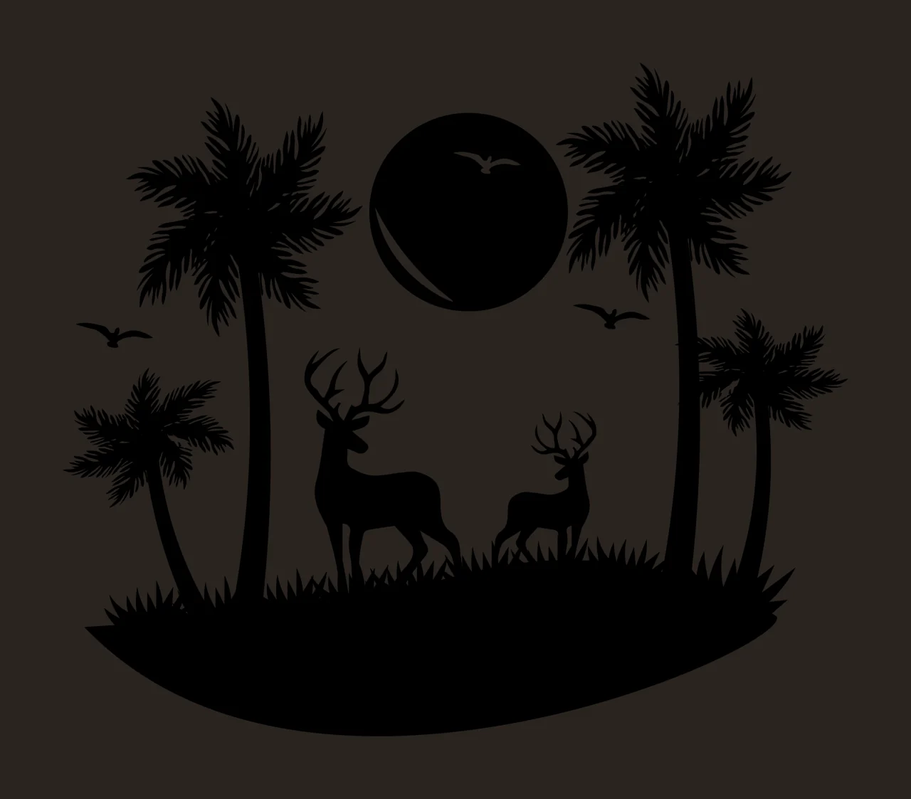 Deer Two Under Palm Trees standing birds sun silhouette black contrast preview thumbnail