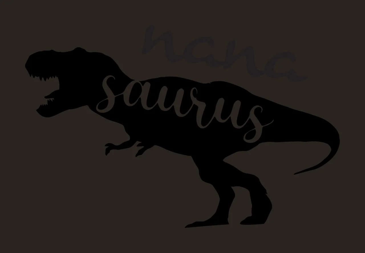 Nana saurus Tyrannosaurus Rex silhouette Design with cursive lettering, cutout text and typography in black and white contrast preview thumbnail