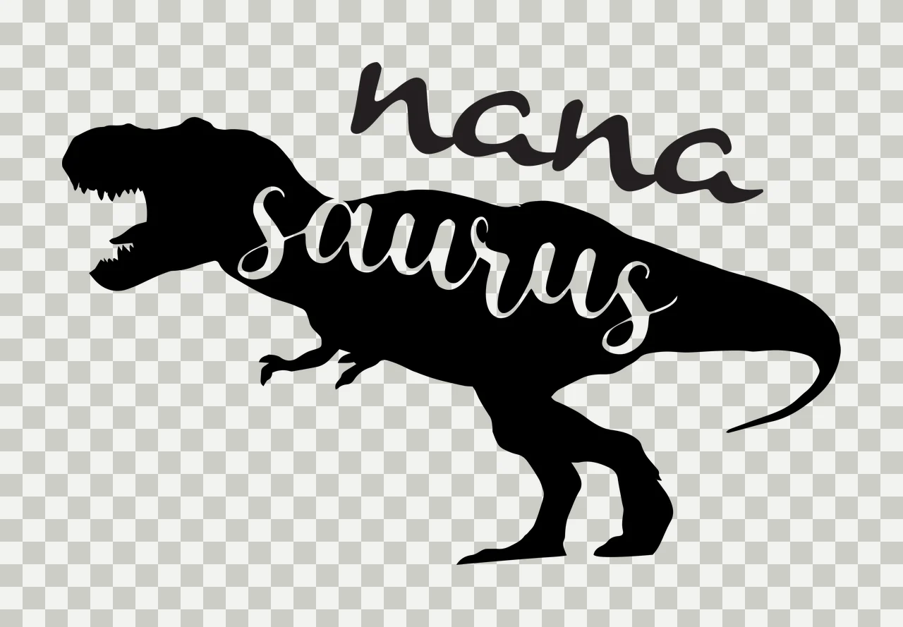 Nana saurus Tyrannosaurus Rex silhouette Design with cursive lettering, cutout text and typography in black and white transparency and detail preview thumbnail