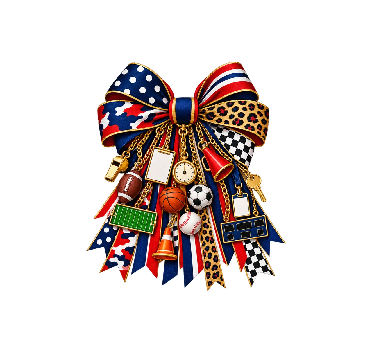 Athletic Director Bow Charm PNG, Gold Chain Charms, Transparent Sublimation Design, Digital Download