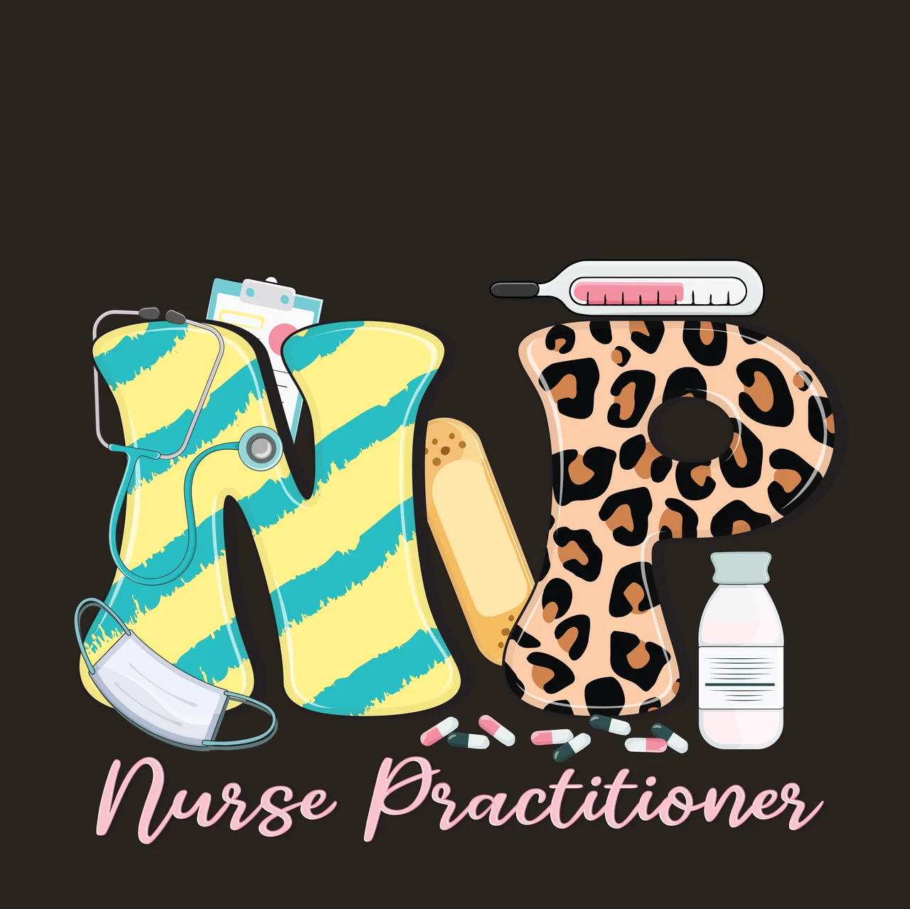 Np Nurse Text With Medical Items letters pill bottle pills contrast preview thumbnail