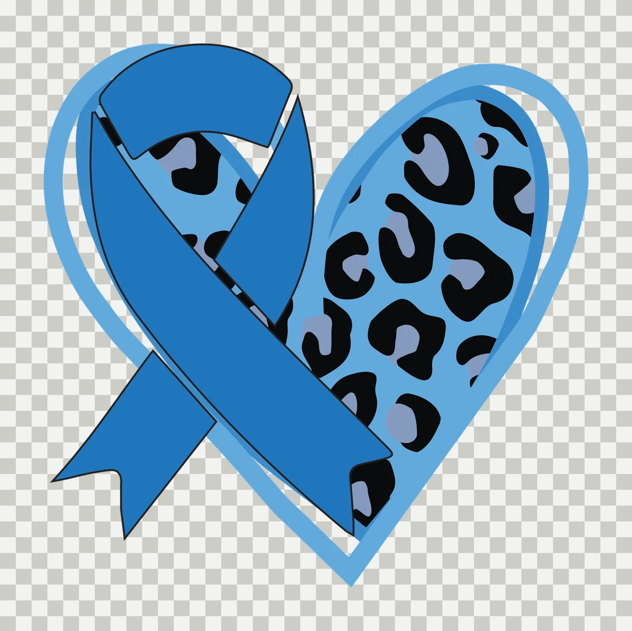 Blue awareness ribbon and leopard print heart design with leopard print pattern and blue heart outline in black and light gray transparency and detail preview thumbnail