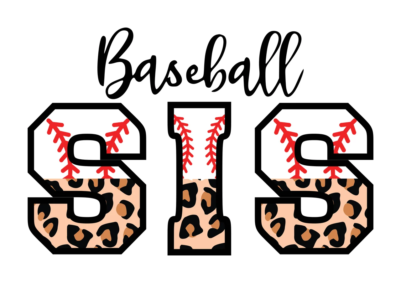 Baseball SIS Typography Design with black cursive 'Baseball', black outlined letters 'S I S', leopard print pattern in tan and black and red baseball stitching on white background in brown