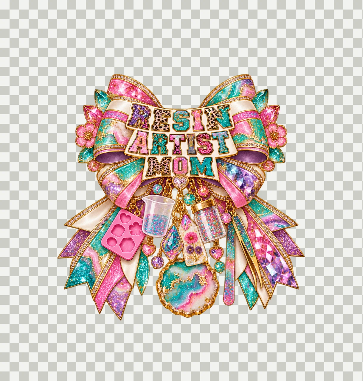 Resin Artist Mom Bow Charm PNG, Patterned Varsity Mom Ribbon Clipart, Transparent Sublimation Digital Download transparency and detail preview thumbnail