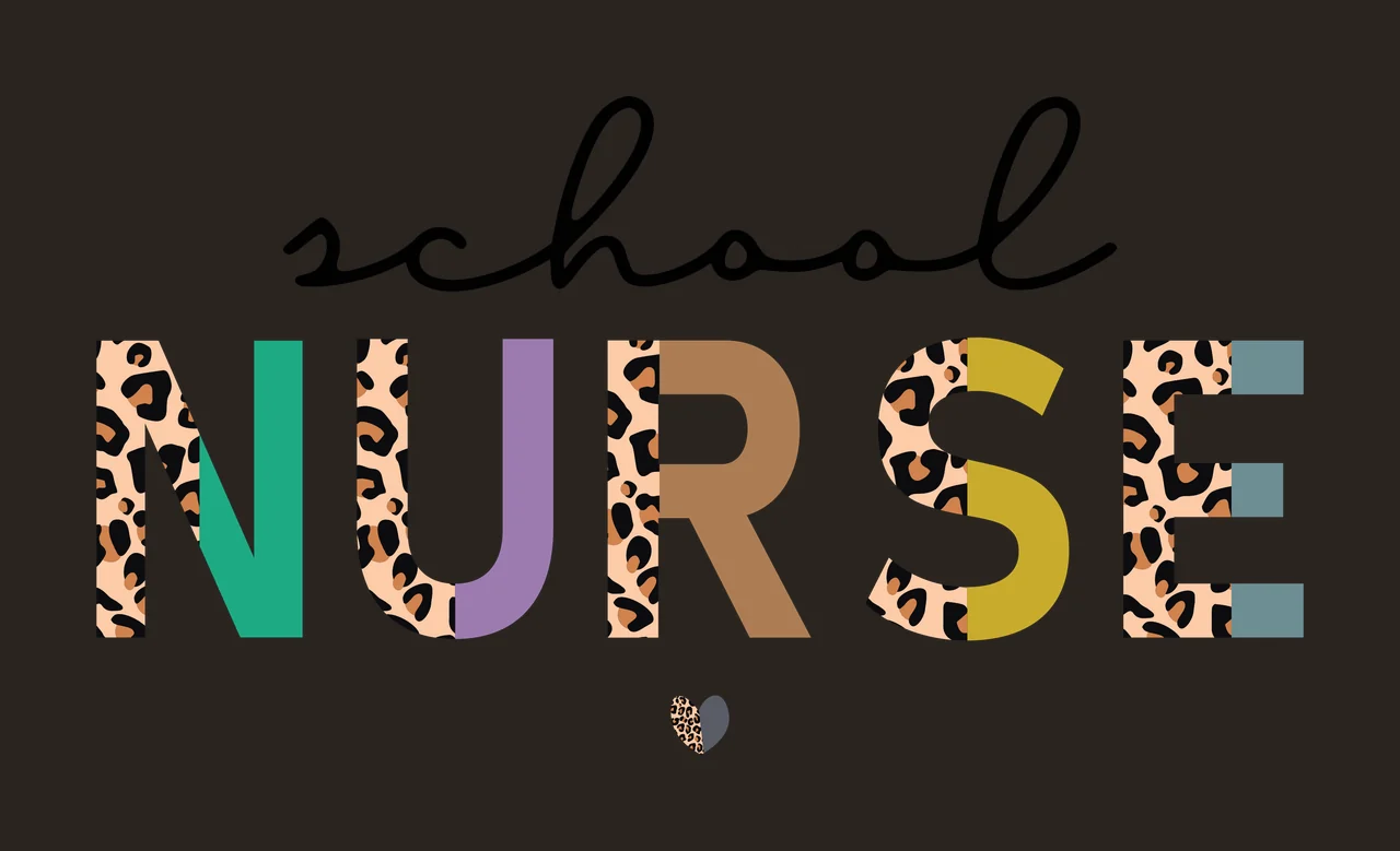 School NURSE Typography Design with cursive script text, split block lettering, leopard print pattern and pastel solid fills in black, tan and green contrast preview thumbnail