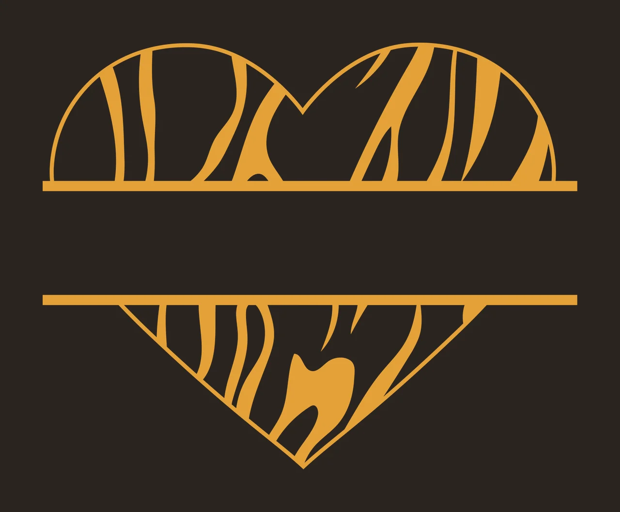 Split heart monogram frame with wood grain pattern, horizontal bars, text space and wavy lines in yellow, orange and white contrast preview thumbnail