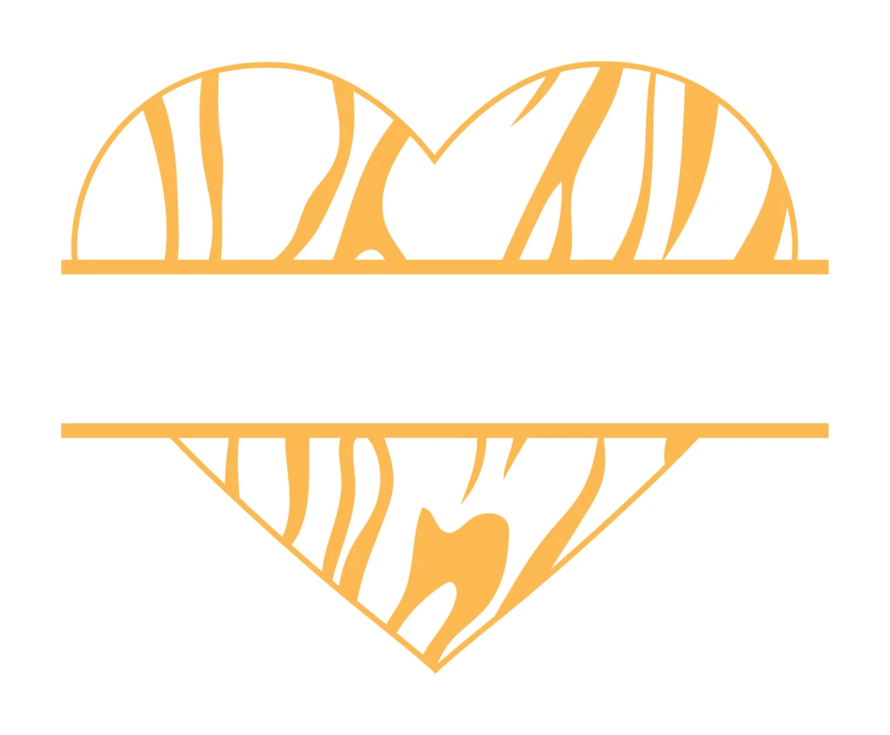 Split heart monogram frame with wood grain pattern, horizontal bars, text space and wavy lines in yellow, orange and white