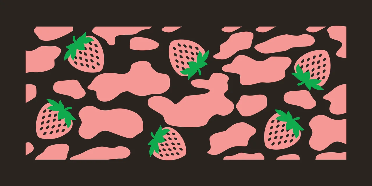 Strawberry and pink cow print pattern Illustration with pink strawberries, green leaves, pink organic spots and white dots contrast preview thumbnail