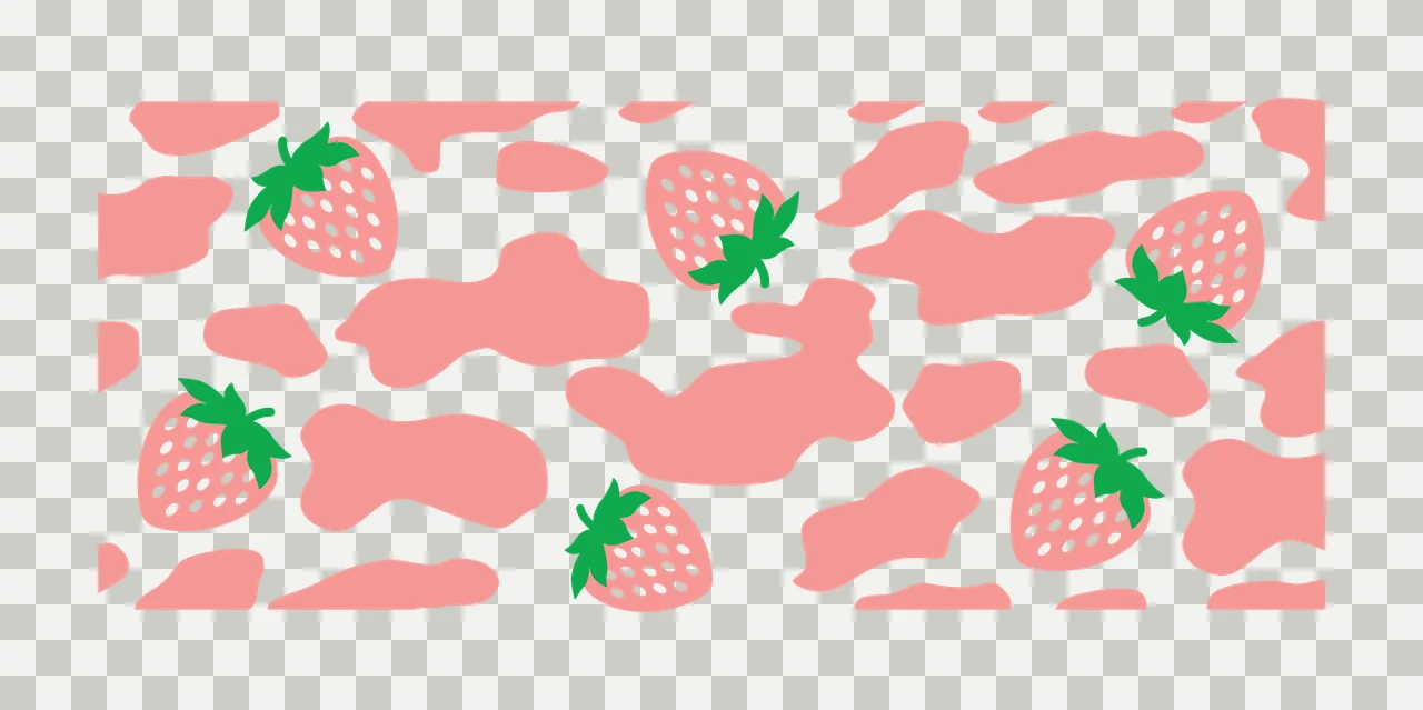 Strawberry and pink cow print pattern Illustration with pink strawberries, green leaves, pink organic spots and white dots transparency and detail preview thumbnail