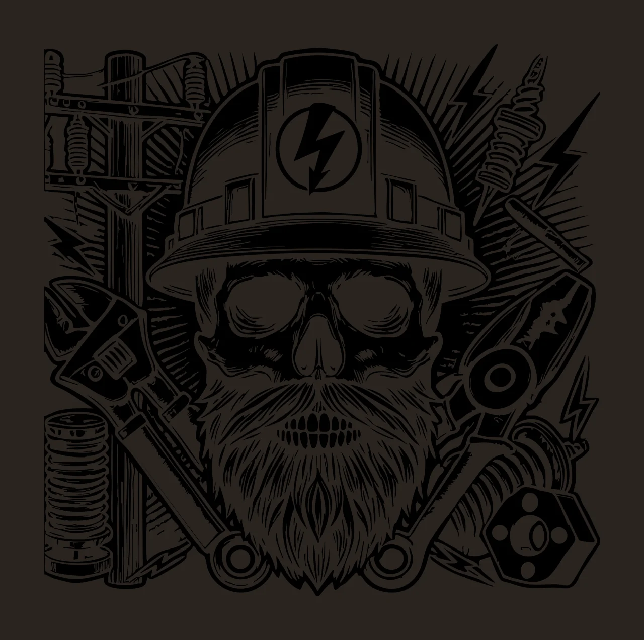 Skull Wearing Hard Hat With Tools lightning bolt beard wrench contrast preview thumbnail