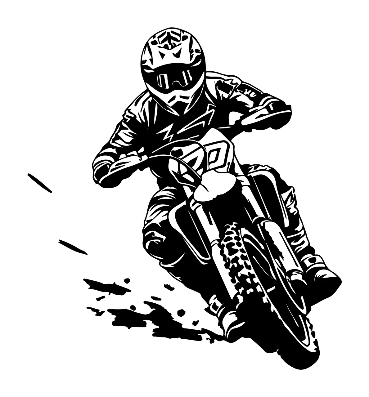 Motorcyclist Racing On Dirt Bike turning helmet tires dust