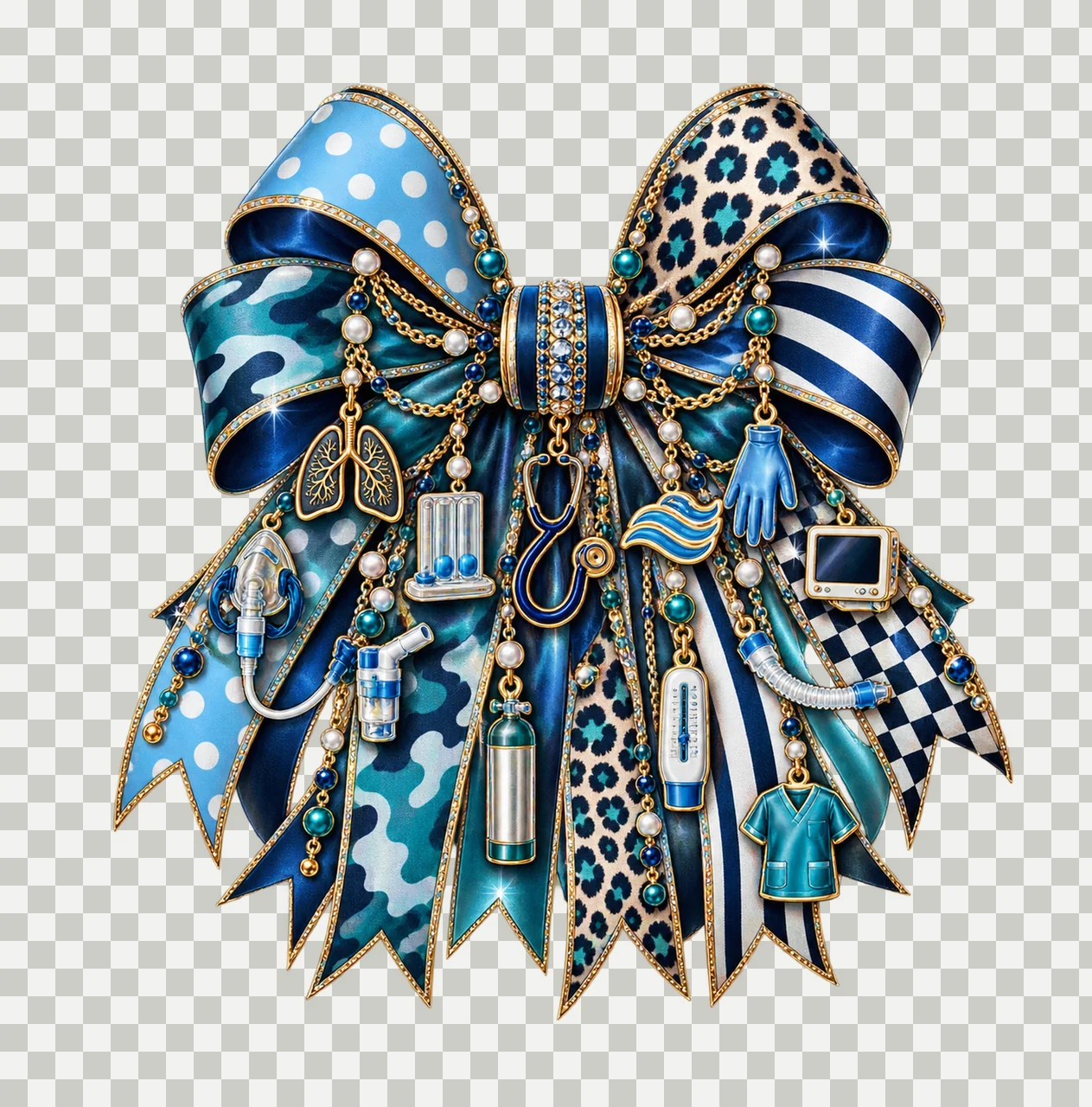 Respiratory Therapist Bow Charm PNG, Themed Gold Chain Charms, Coquette Ribbon Sublimation Design, Transparent Digital Download transparency and detail preview thumbnail