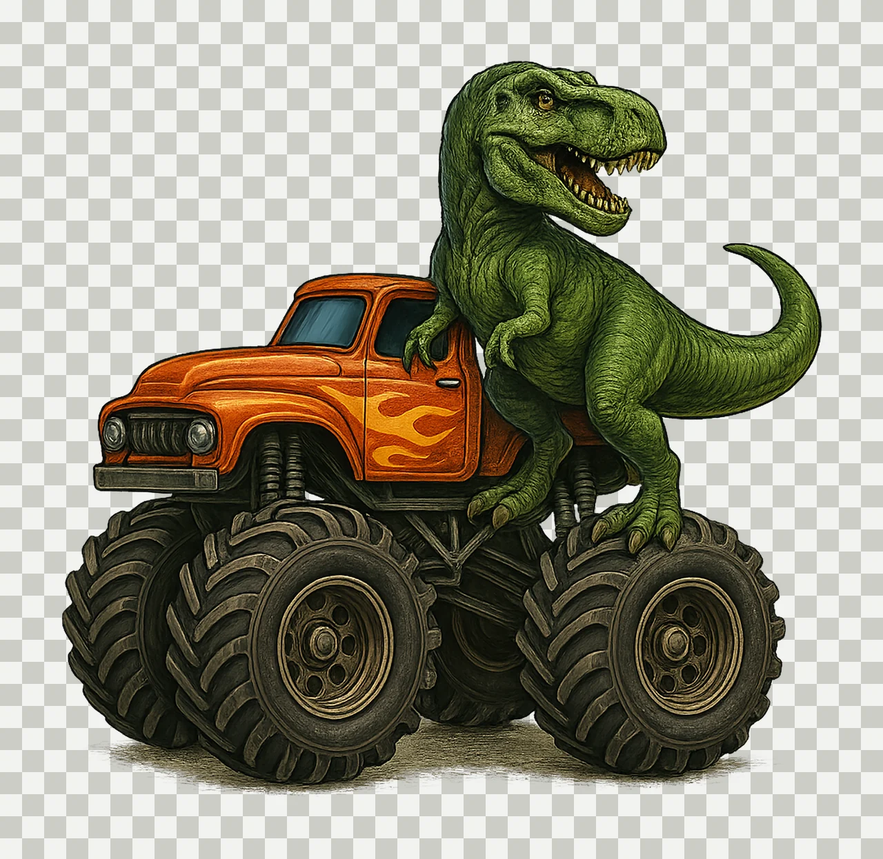 Monster Truck Rex Dinosaur Car Sublimation Design Kids Shirt transparency and detail preview thumbnail