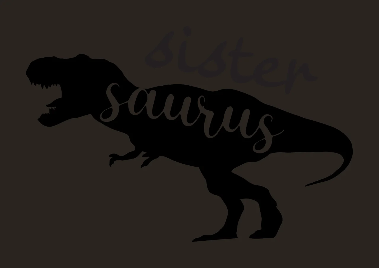 Sister saurus dinosaur silhouette Design with Tyrannosaurus Rex, cursive text and hand lettering in black and white contrast preview thumbnail