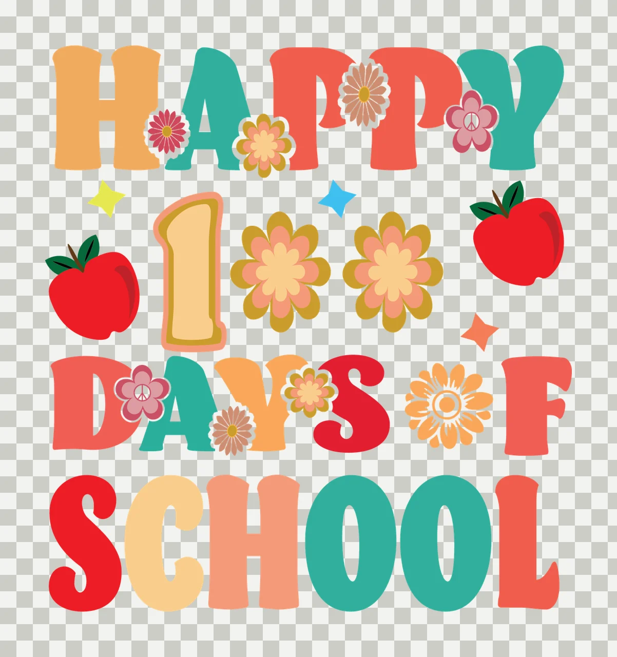 Retro Happy 100 Days Of School Text communicating flowers apples transparency and detail preview thumbnail