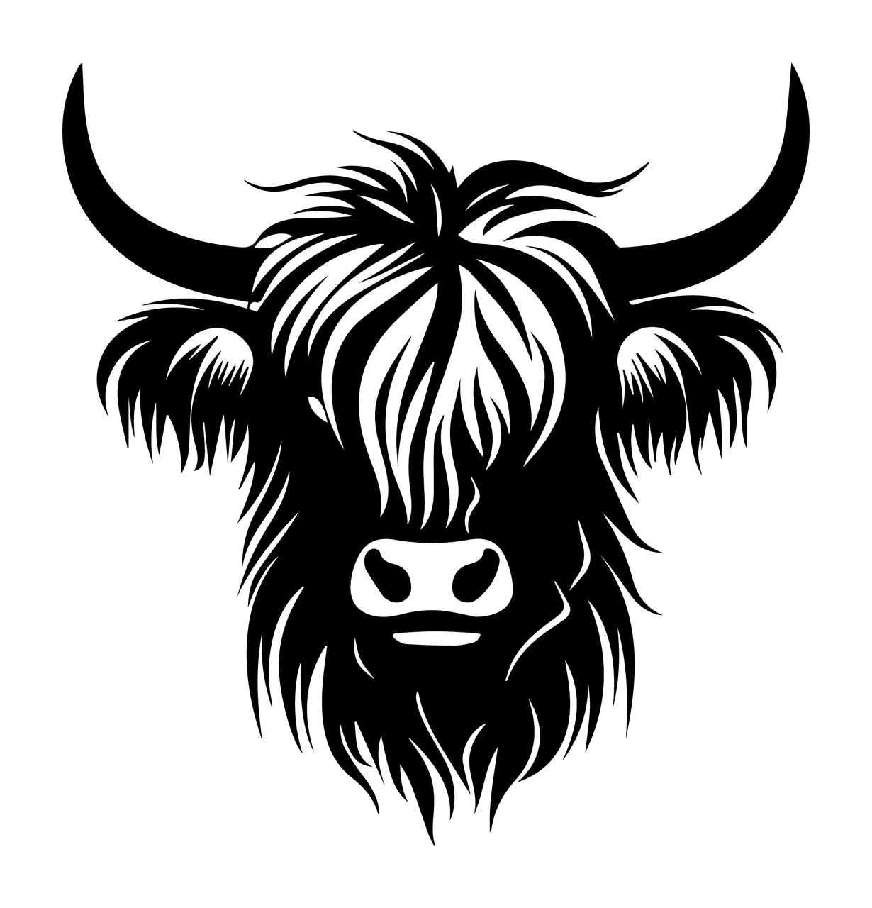 Highland Cow Head Silhouette Facing Forward horn fur black