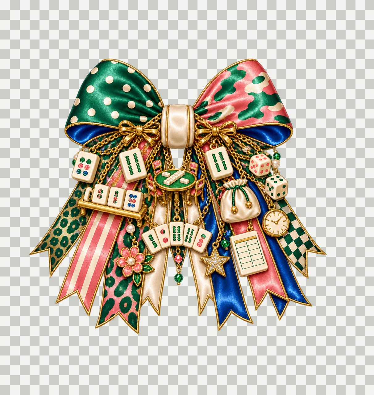 Mahjong Lover Bow Charm PNG, Themed Gold Chain Charms, Coquette Ribbon Sublimation Design, Transparent Digital Download transparency and detail preview thumbnail