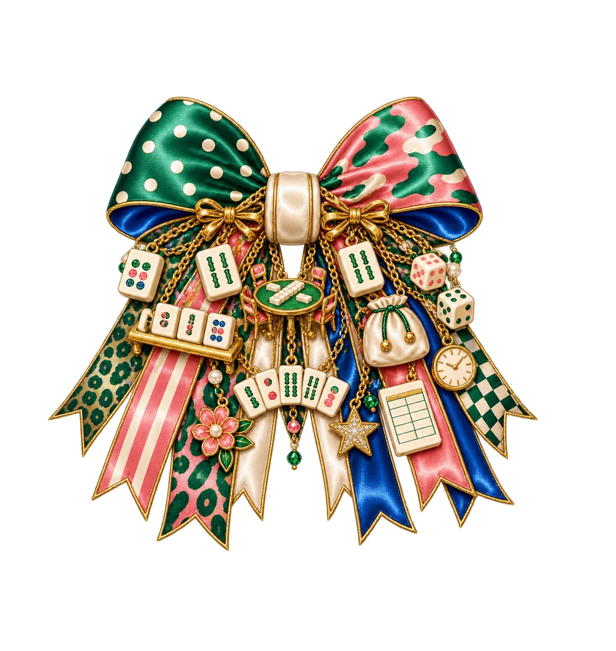 Mahjong Lover Bow Charm PNG, Themed Gold Chain Charms, Coquette Ribbon Sublimation Design, Transparent Digital Download