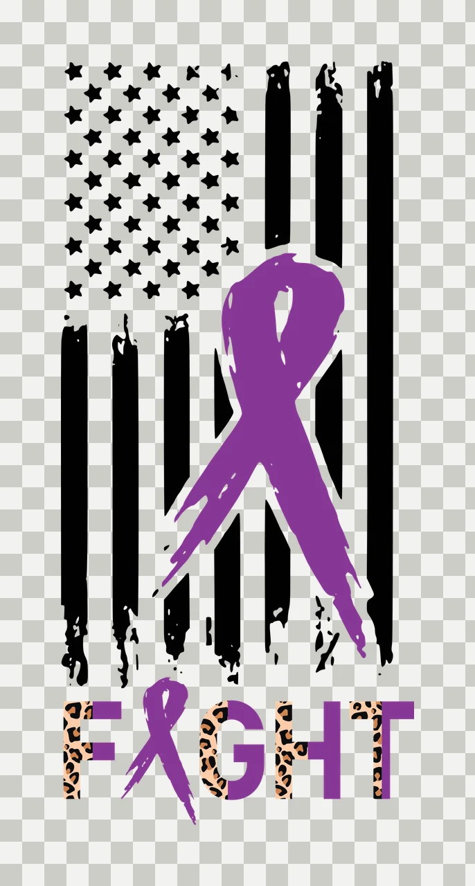 FIGHT Awareness Typography Design with distressed American flag with stars and stripes, purple awareness ribbon, text 'FIGHT' and leopard print pattern on letters 'F' and 'G' in black and beige transparency and detail preview thumbnail