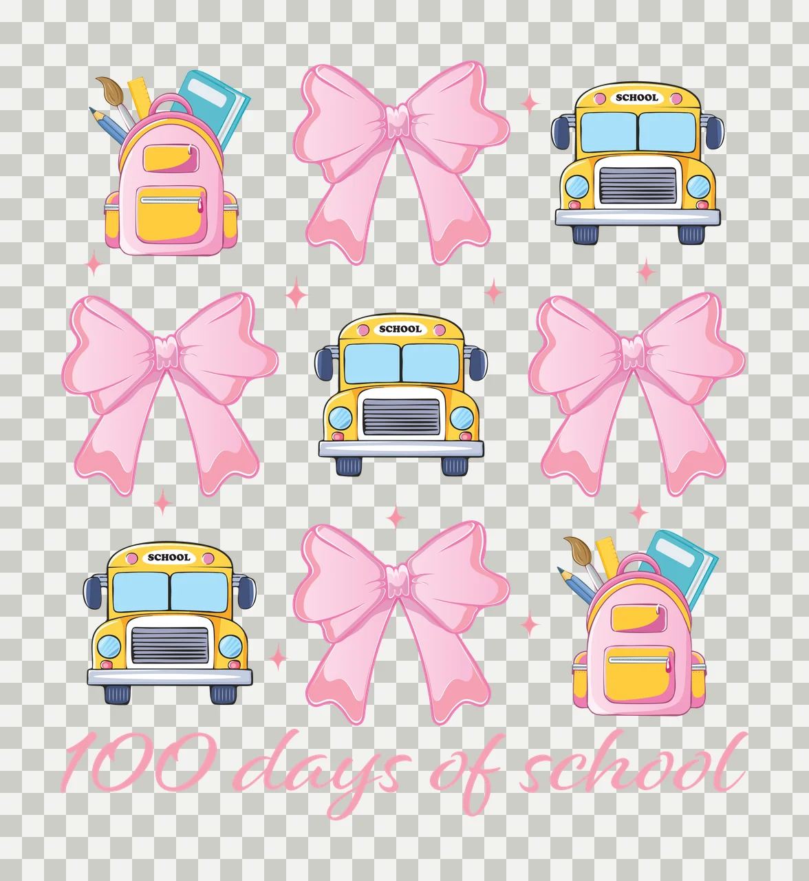 100 Days Of School Grid With Bus backpacks bows buses silhouette transparency and detail preview thumbnail