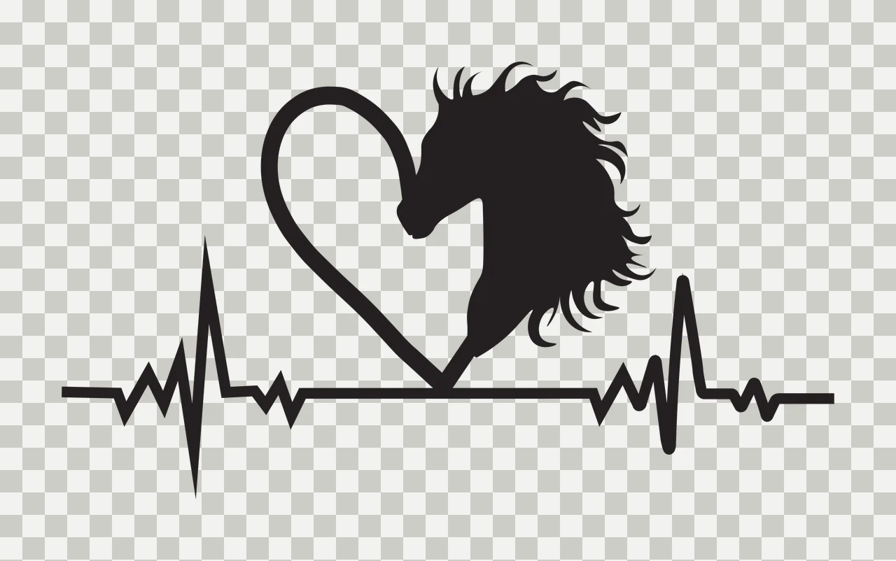 Horse head silhouette inside heart shape over heartbeat line Illustration in black and white transparency and detail preview thumbnail