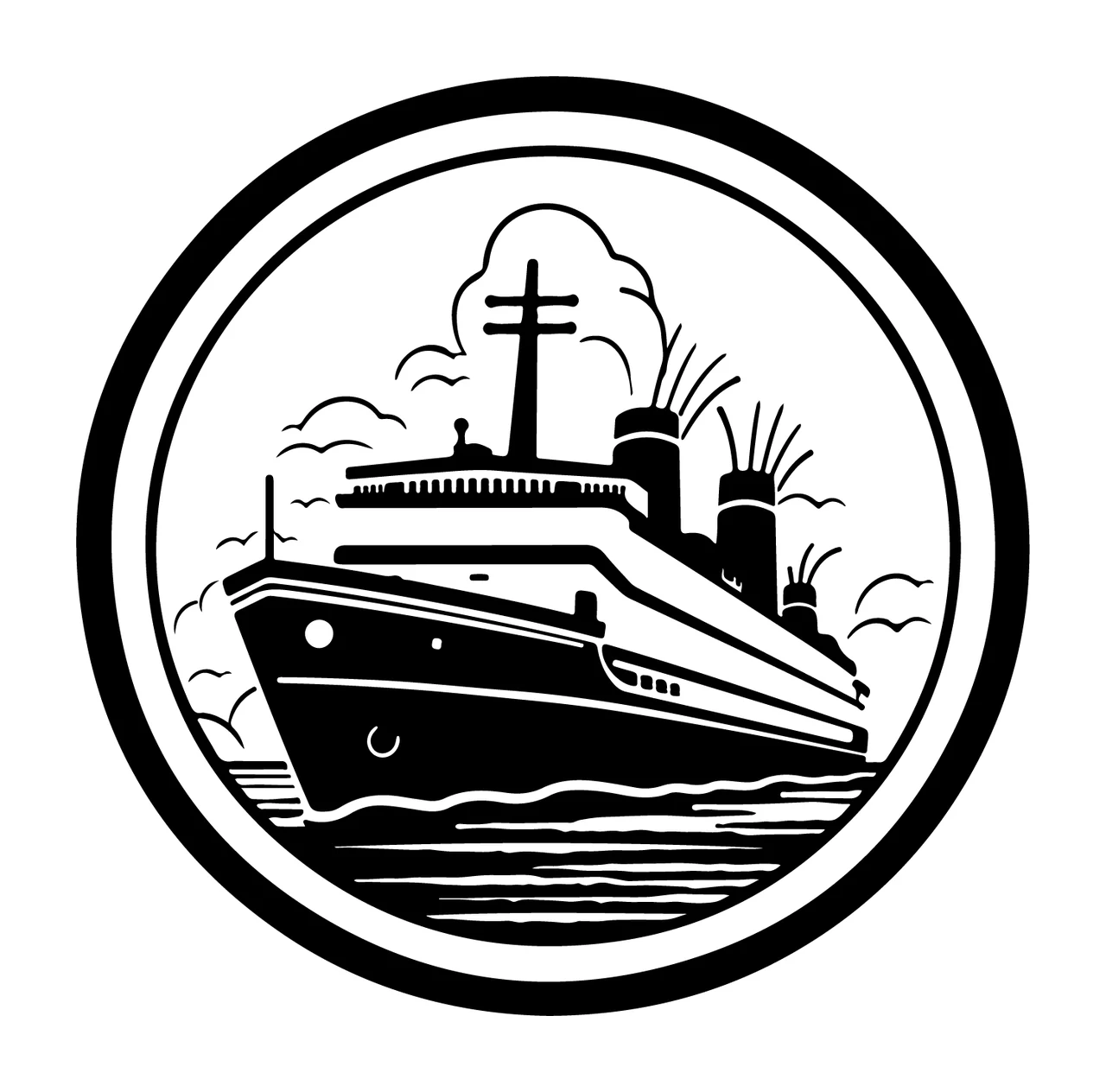 Ship Steamship On Ocean Circular Emblem sailing clouds circle