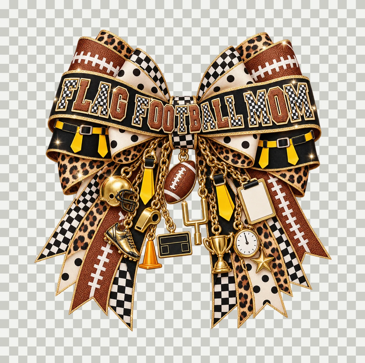 Flag Football Mom Bow Charm PNG, Patterned Varsity Mom Ribbon Clipart, Transparent Sublimation Digital Download transparency and detail preview thumbnail