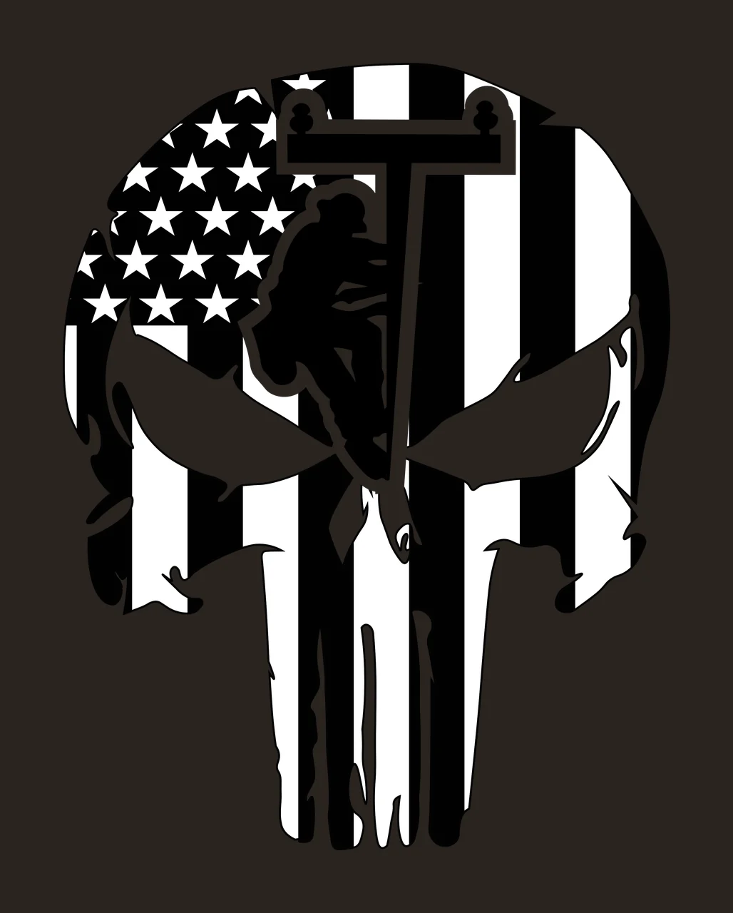 Lineworker and skull silhouette Illustration with utility pole, American flag pattern and stars and stripes in black and white contrast preview thumbnail
