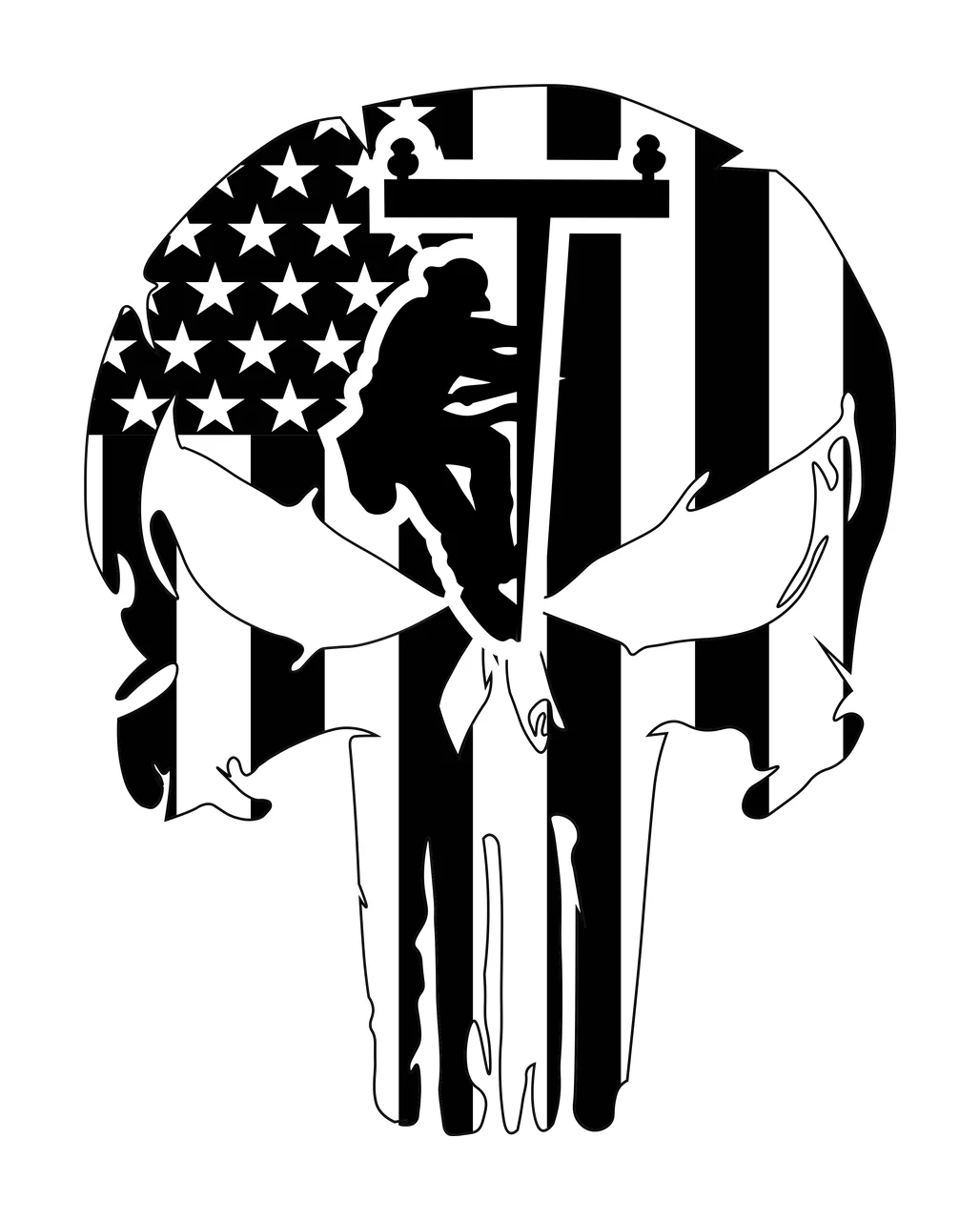 Lineworker and skull silhouette Illustration with utility pole, American flag pattern and stars and stripes in black and white