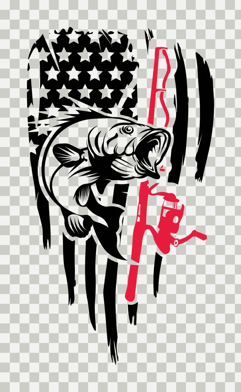 Fishing Bass Fish With Distressed Flag Pattern leaping rod transparency and detail preview thumbnail